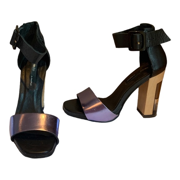 MIISTA Wood & Resin Block Heeled Sandals with Reflective Purple Front Size 37 EU - Picture 2 of 9